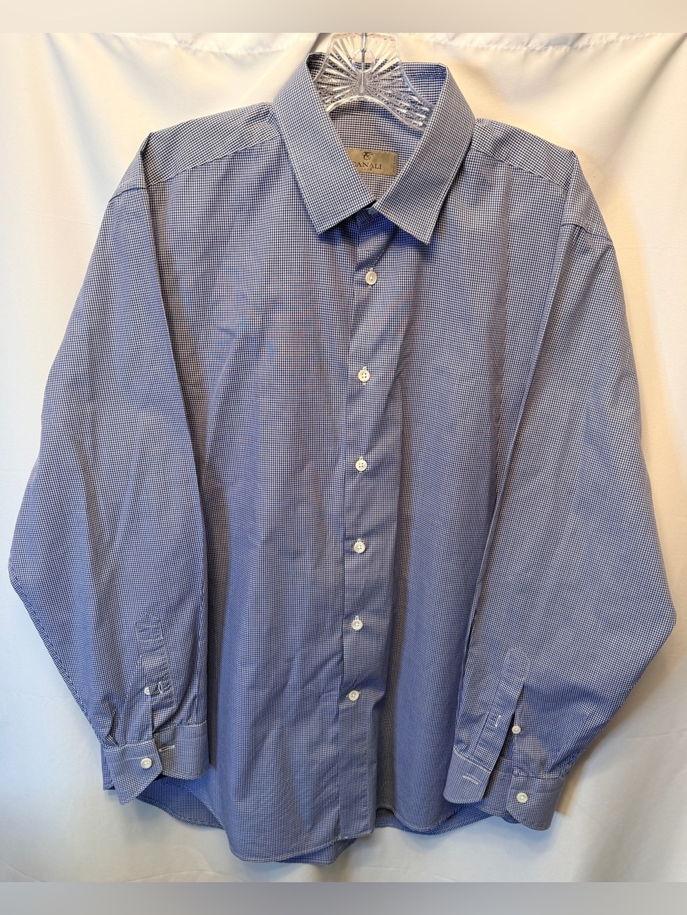 Canali Men’s Size 42 16.5 Dress Shirt Navy Black White Check Print 100% Cotton